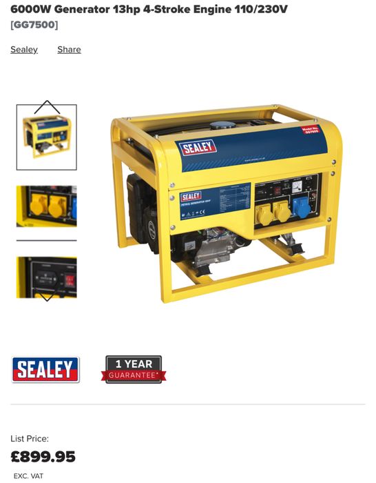 Генератор Sealey GG7500 6 кВт