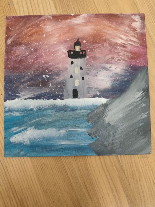 Ręcznie malowane morze z zorzą polarną i latarnią morską 25x25 cm