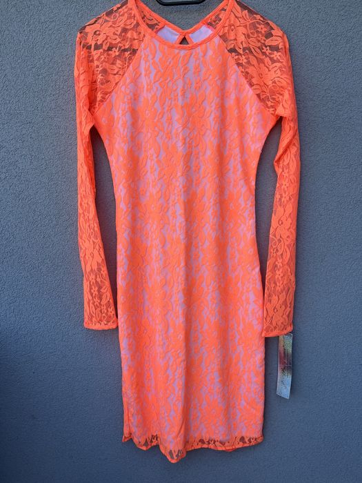 NOWA koronkowa sukienka neonowy pomarańcz rozm. S