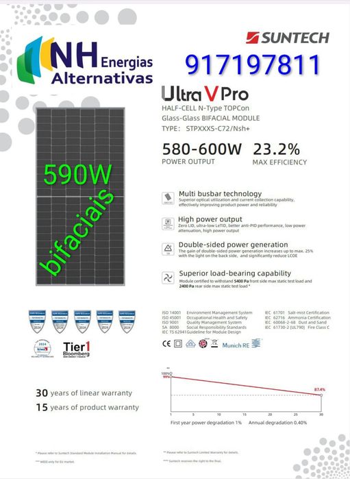 Suntech 590W Bifacial painel fotovoltaico monocristalino pv 580W 600W