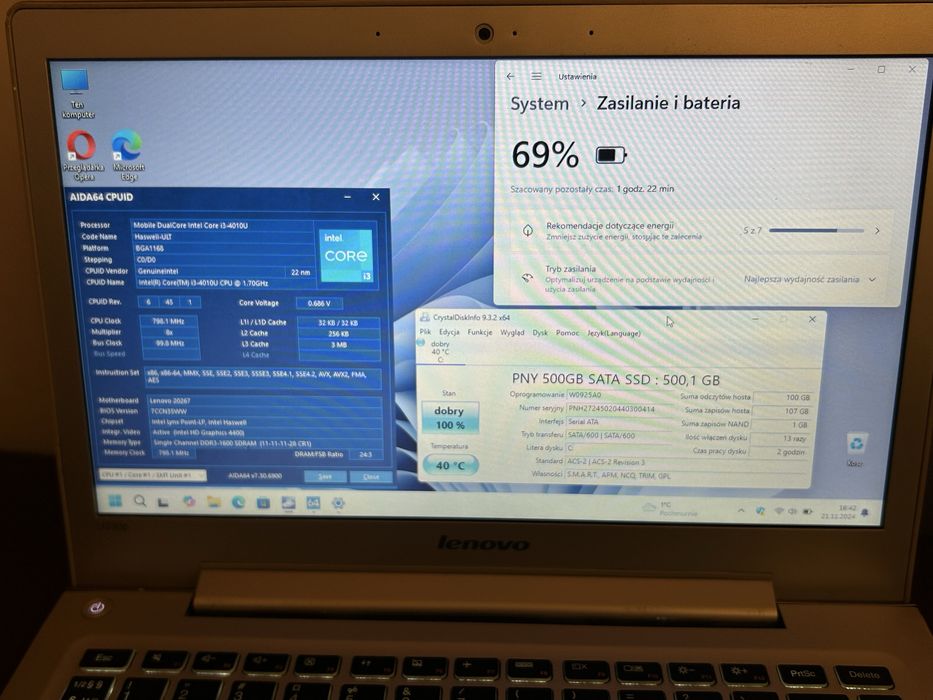 Laptop Lenovo U330P 13" cali Metalowy i3-1.7GHz/nowy SSD 512GB/8GB RAM