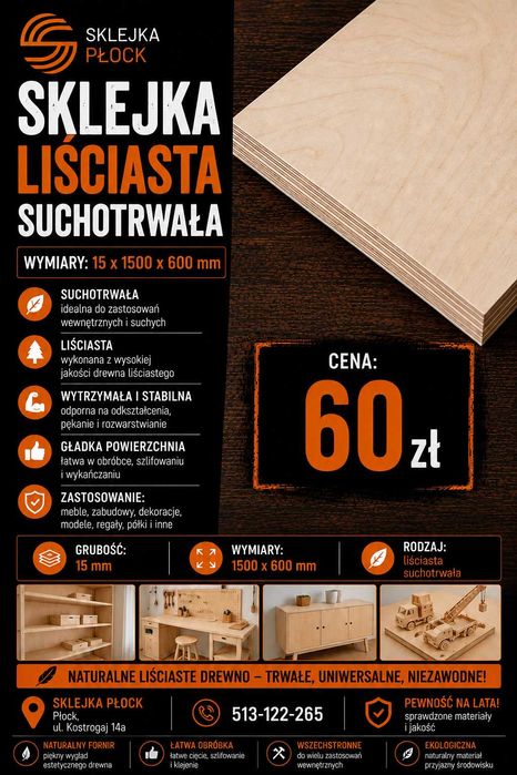 Sklejka liściasta suchotrwała 15x1500x600