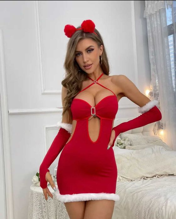 Новогоднее эротическое платье Санта с перчатками, Снегурочка
