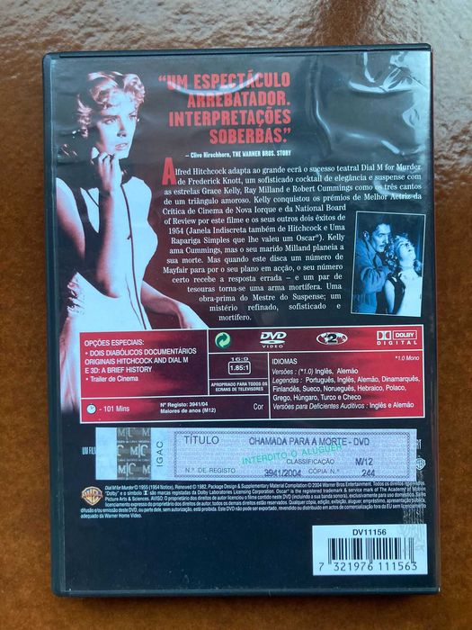 DVD Hitchcock - CHAMADA PARA A MORTE com Grace Kelly