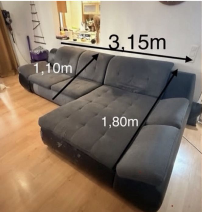 Sofá com chaise longue e função cama, cinzento