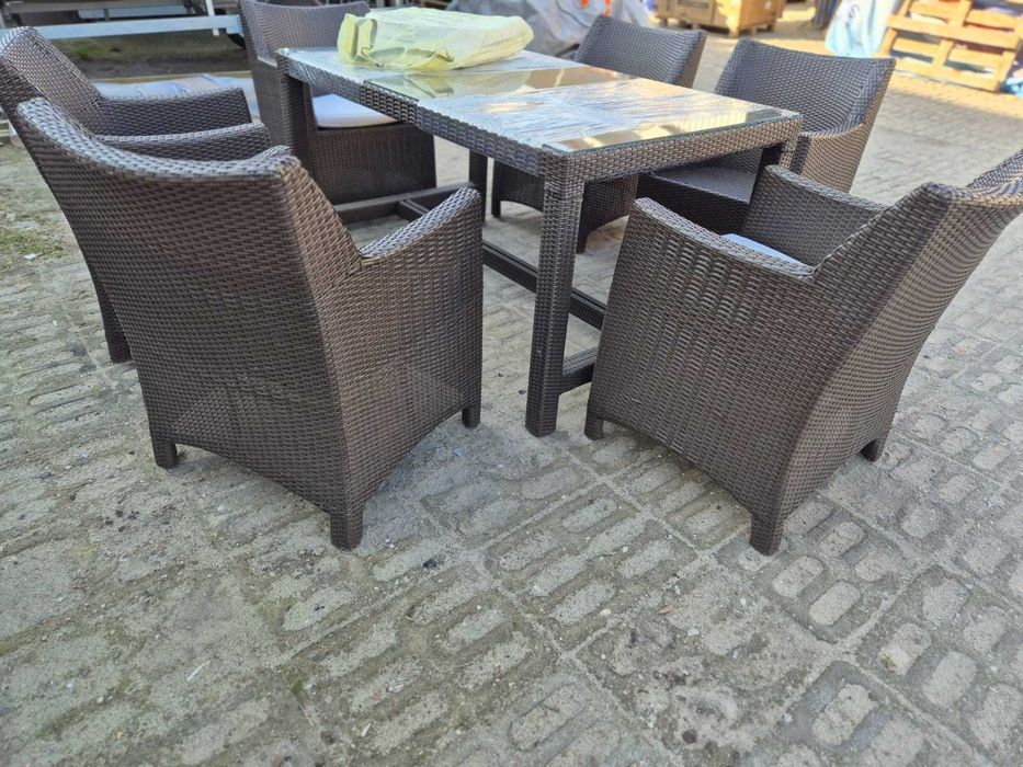 Zestaw rattanowy ratanowy stół duży 6 krzeseł foteli poduszki jadalni