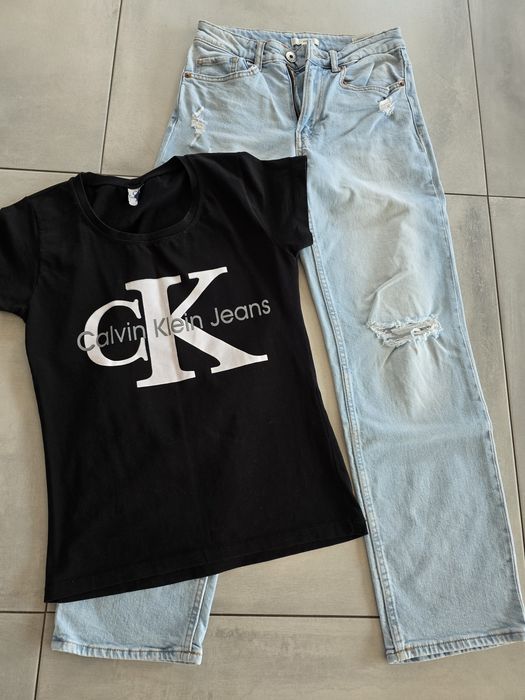 Jeansy H&M + t-shirt CK, r.152, XS, 34