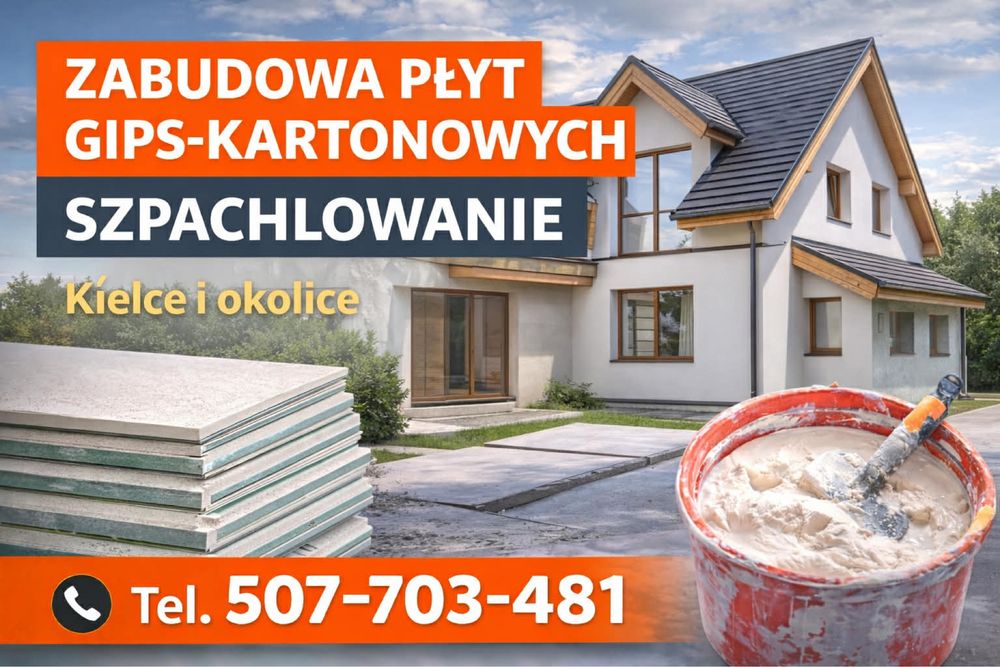 Gładzie,szpachlowanie zabudowa płyt Gk PIANA PUR, Kielce i okolice