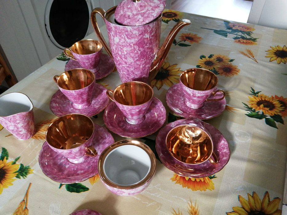 Zestaw kawowy wałbrzych marmurowy pozłacany prl