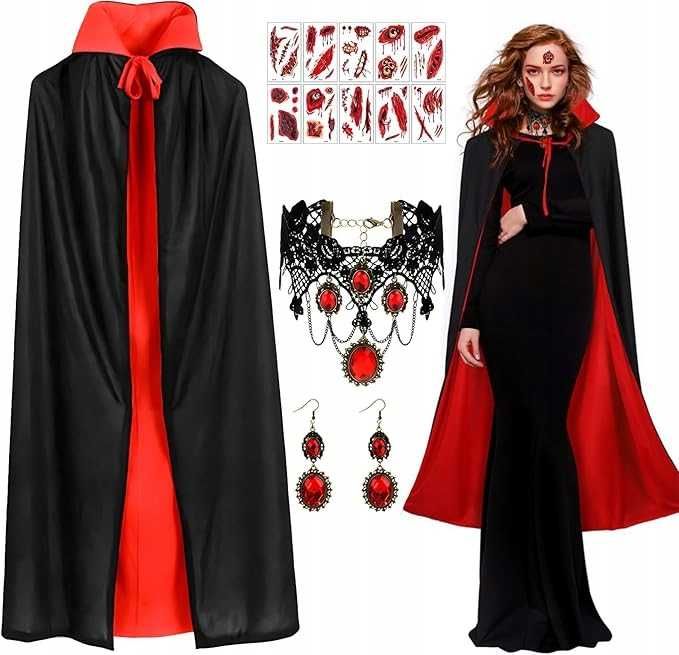 peleryna wampirzycy wampira dwustronna + biżuteria + naklejki Kostium