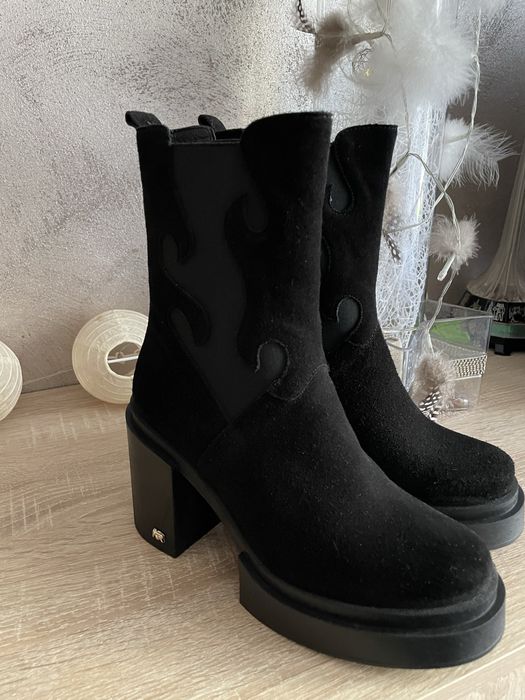 Botki KARINO skóra naturalna, zamsz czarne