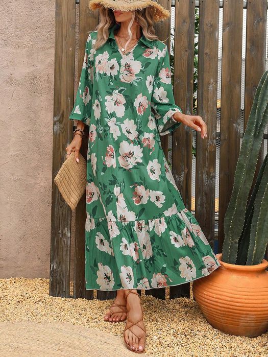 Sukienka Letnia Boho W Kwiaty Z Kołnierzykiem Maxi Zielona Shein L