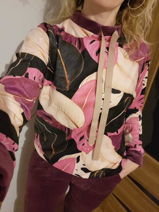 Welurowy komplet dres fioletowy bluzka spodnie