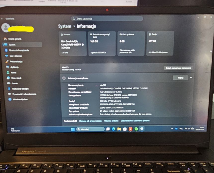 Lenovo IdeaPad Gaming 3 – Gamingowy Laptop, RTX, Intel – Stan BDB