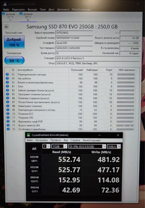 SSD evo 870 на 250GB новий