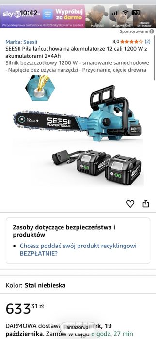 SEESII Piła łańcuchowa na akumulatorze 12 cali 1200 W z akumulatorami 2×4Ah