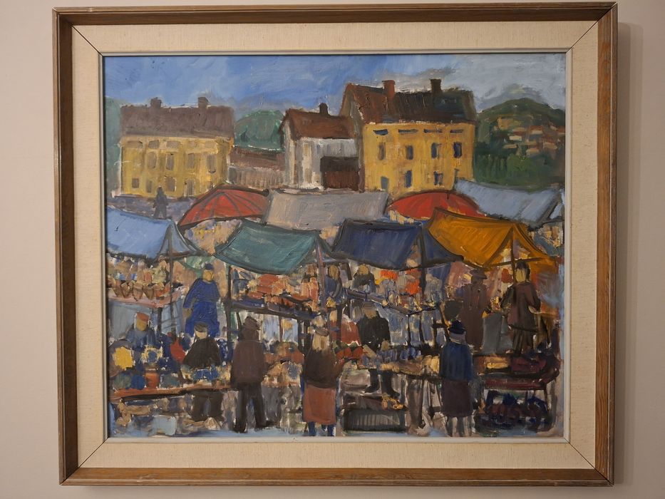 Obraz olejny, ekspresjonistyczny, duży w drewnianej ramie.