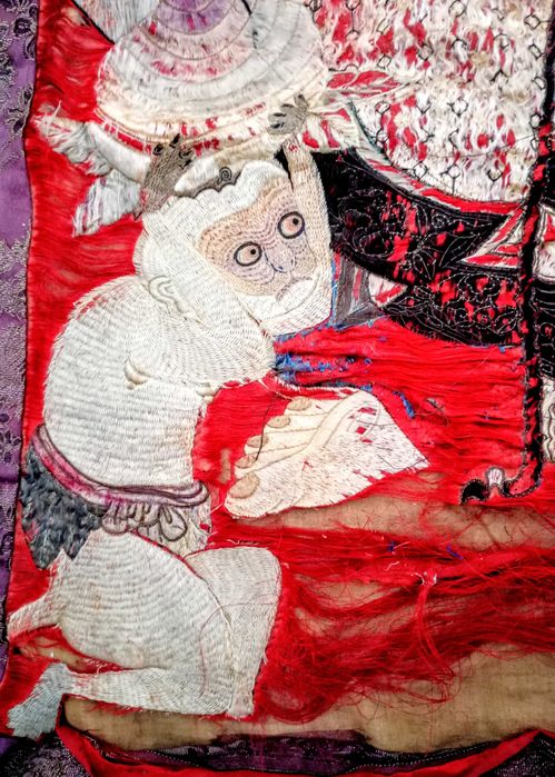 Chiński Haft Tkanina Jedwabna 19 wiek