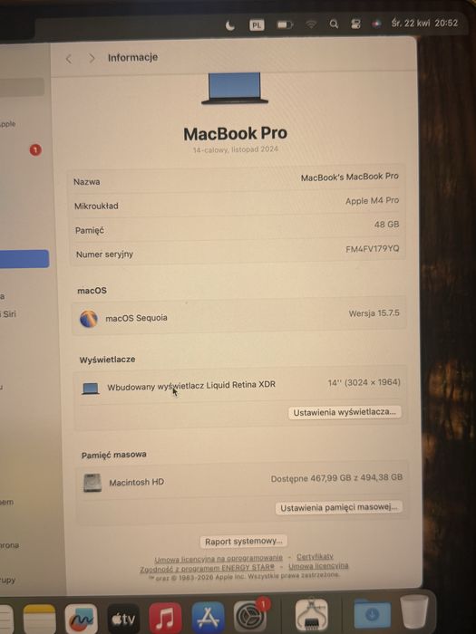 Laptop Apple MacBook Pro 14 M4 Pro 12CPU 16GPU 48Gb Ram 512Gb SSD-nowy