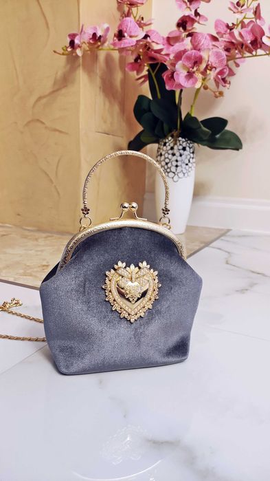 Elegancka torebka damska szara welur retro na bigiel. UNIKAT. PREMIUM.