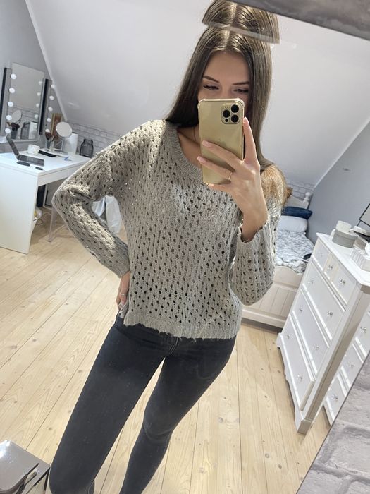 Sweter ażurowy cyrkonie vero moda szary