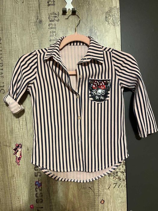 Dziewczęca koszula włoska 4–5 lat, różowo-granatowe paski