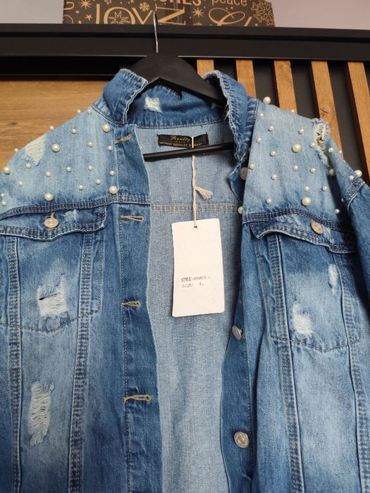 Jeansowa dłuższą katana z perełkami L