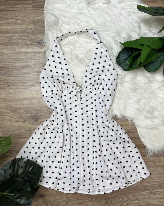 Biała retro sukienka mini w grochy kropki plecy halter XS