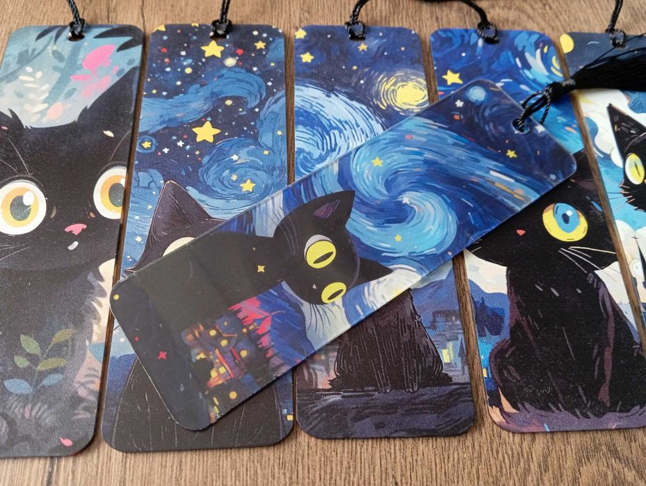 6 plastikowych zakładek do książek. Czarne koty nocą