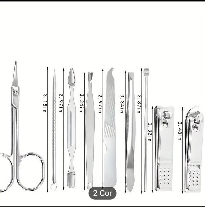 Conjunto de Manicure e pedicure com 9 peças, disponível em 2 cores.