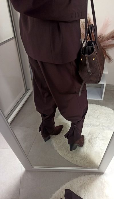 Zara garnitur czekoladowy brązowy spodnie marynarka wiązana s 36