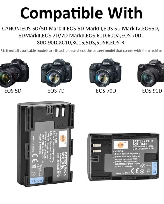 DSTE 2 peças LP-E6 LP-E6N bateria compatível com Canon