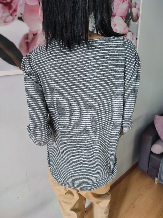 Szara bluzka w białe paski dłuższy tył LEN Esprit rozm S