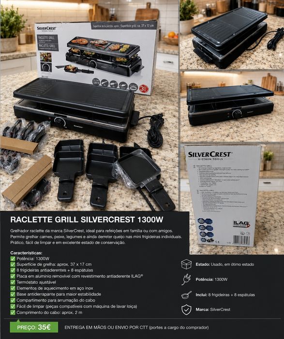 Raclette Grill SilverCrest 1300W c/ 8 Frigideiras e Caixa Original – Como Novo