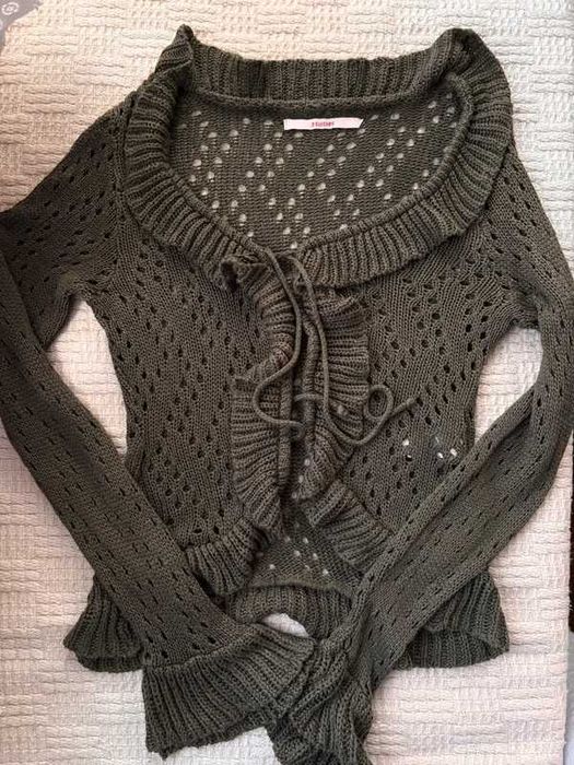 Szary brązowy dziergany khaki sweter wiązany cienki vintage lekki S 36