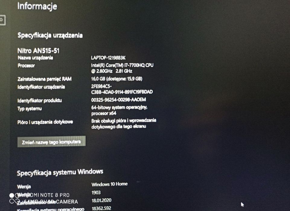 Acer nitro 5, i7-7700HQ 2.80ghz win 10, gamingowy