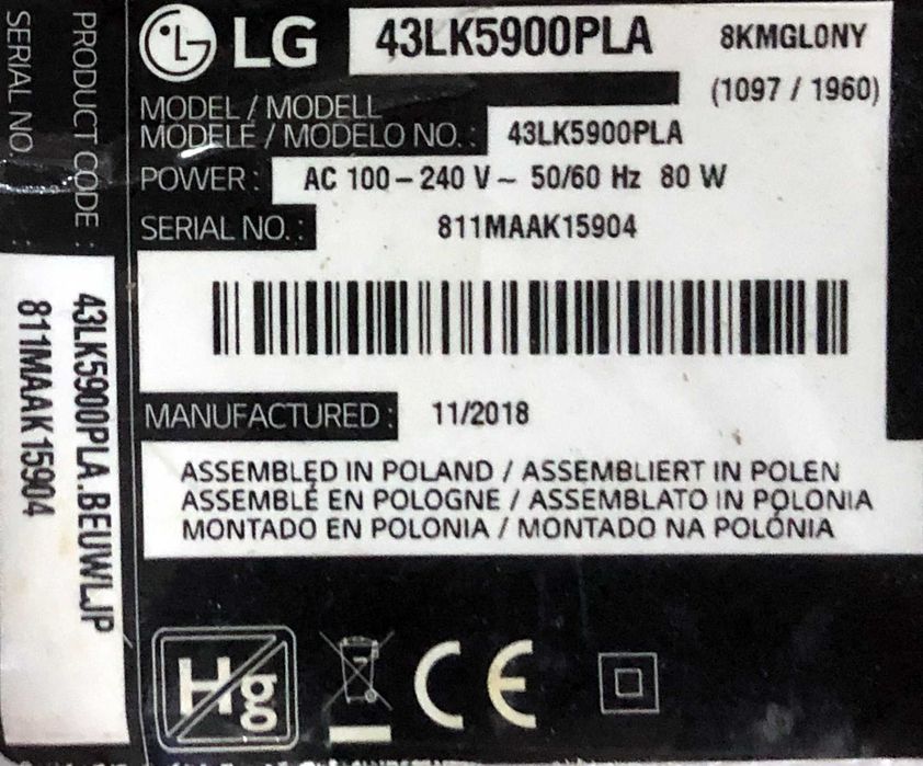 Peças LG 43LK5900PLA EAX67264.001 EAX67.703503 -. 6870C-0532A Testada