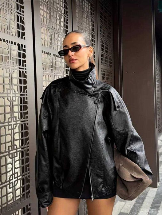Трендова шкіряна оверсайз косуха Заra, шкіряна куртка, шкіряний бомбер
