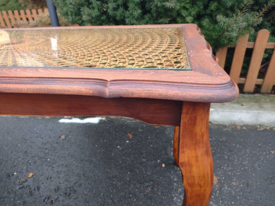 Stół  stolik w stylu Chippendale rafia szkło stan bdb