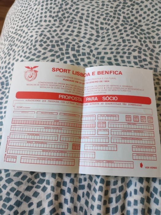 SLB - Sport Lisboa e Benfica - modelo de inscrição para sócio