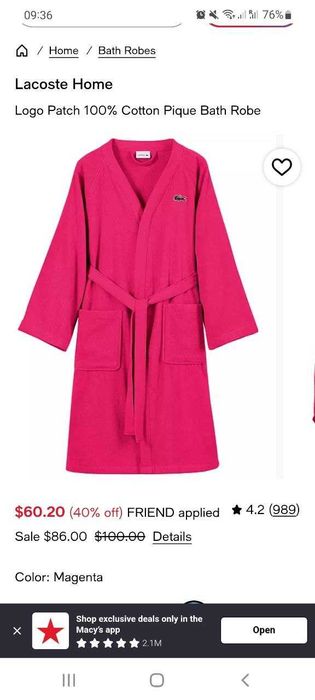 Халат банний Lacoste Home Logo Patch 100 Cotton Pique Bath Robe унісекс