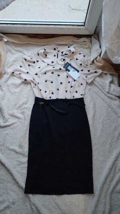 Granatowa beżowa sukienka kołnierzyk serduszka Mark Spenser L M