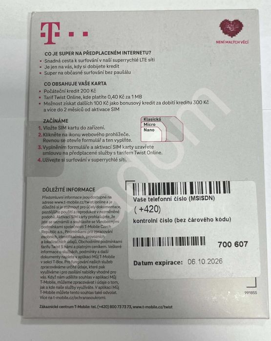 Czechy SIM internetowa karta czeska z saldem 200kc anonimowa