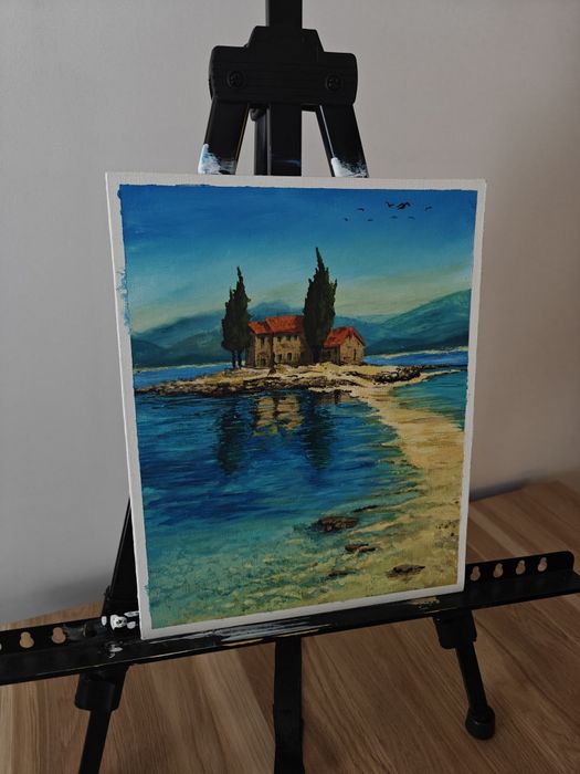 Obraz akrylowy – pejzaż z domkiem nad wodą