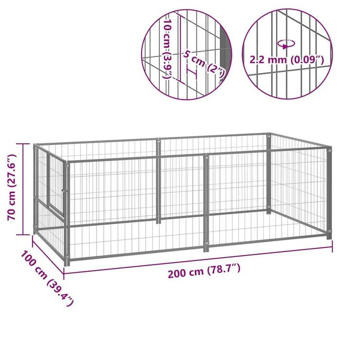 NOVO -  Canil para cães 200x100x70 cm aço prateado