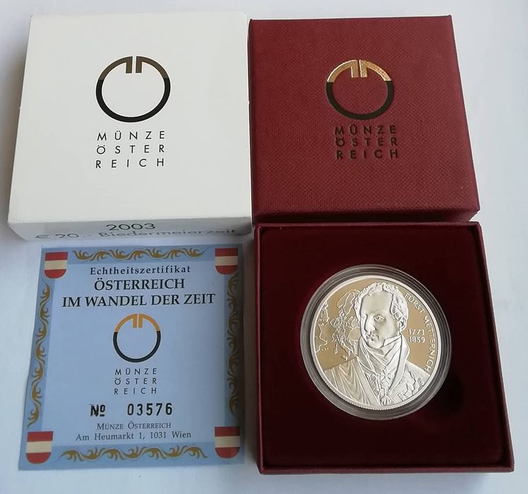 Австрія 20 євро 2003р. Клеменс фон Меттерніх. СРІБЛО. ПРУФ. Сертифікат