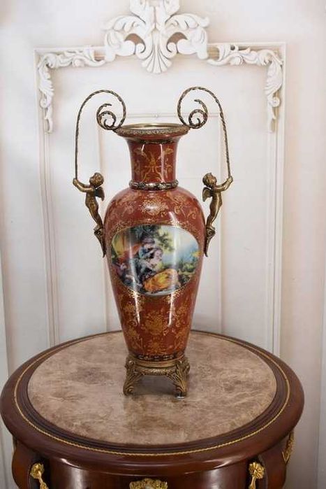 Porcelanowy Czerwony Wazon Waza - Aniołki Amory - Porcelana + Brąz