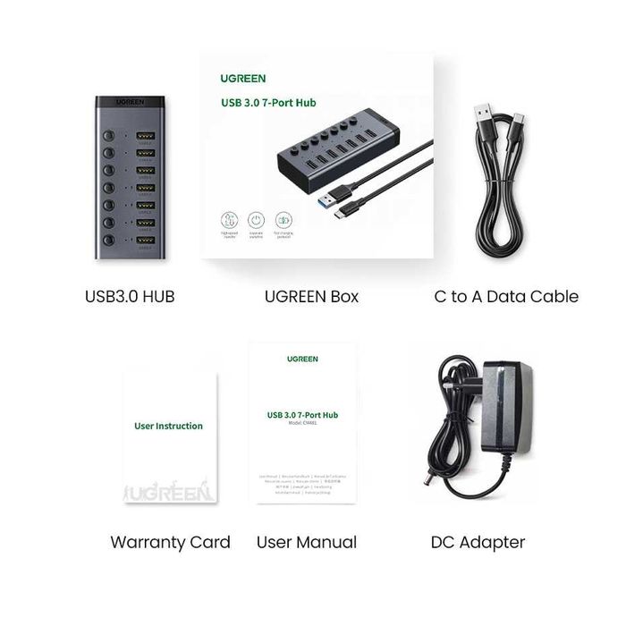 USB-хаб для USB-A USB 3.0 7 портов UGREEN для ноутбука с доп. питанием