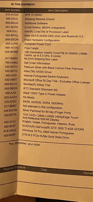 Dell XPS 15 2TB SSD 64GB RAM i9-10885H 3840x2400 GTX 1650 Ti