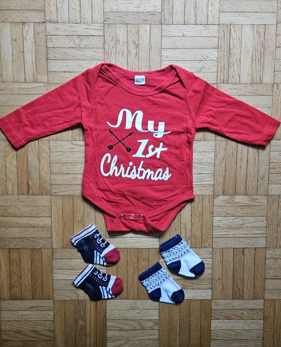 Body czerwone my first christmas 60 na święta niemowlak + skarpetki x2